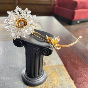 Vintage Coro Signed BIG 4.5" Flower Brooch Gold-tone Beads and Rhinestone